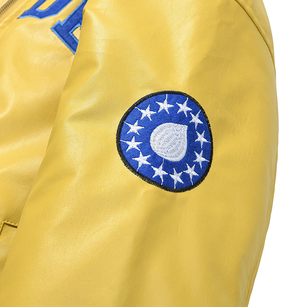 Sp5der Leather Logo Bomber Jacket Yellow
