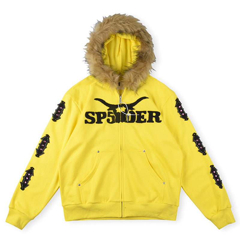 Sp5der Fur Hooded Full Zip Hoodie Sweatshirt Yellow