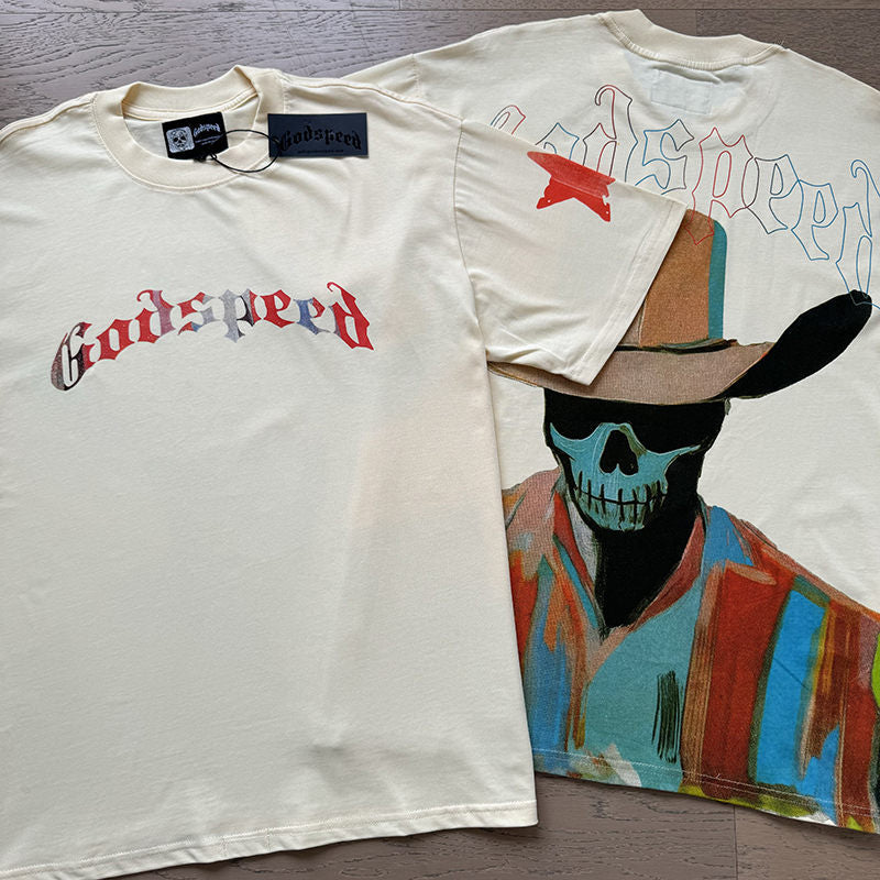 GODSPEED Skeleton Man White Cowboy Hat T-shirt